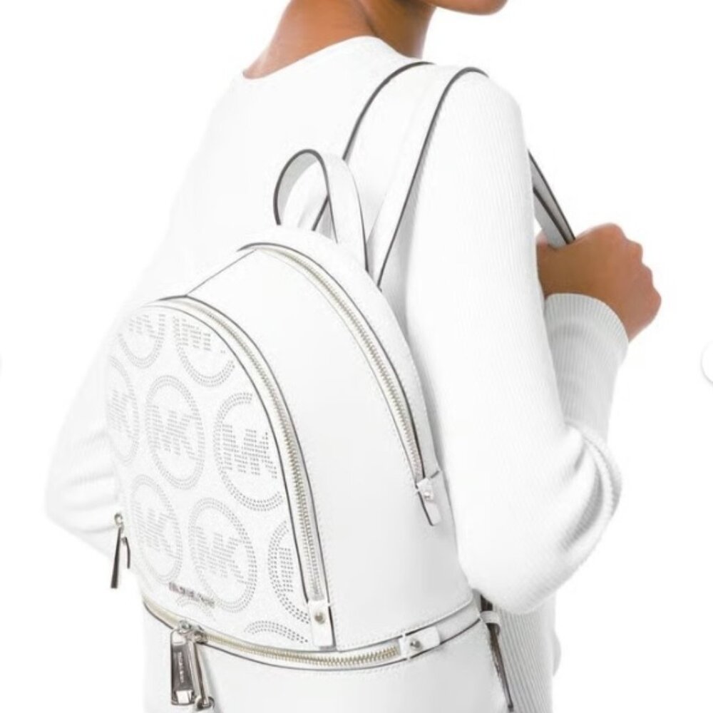 $298 MK Michael Kors Rhea Zip Optic White Perforated MK Circle Logo Backpack